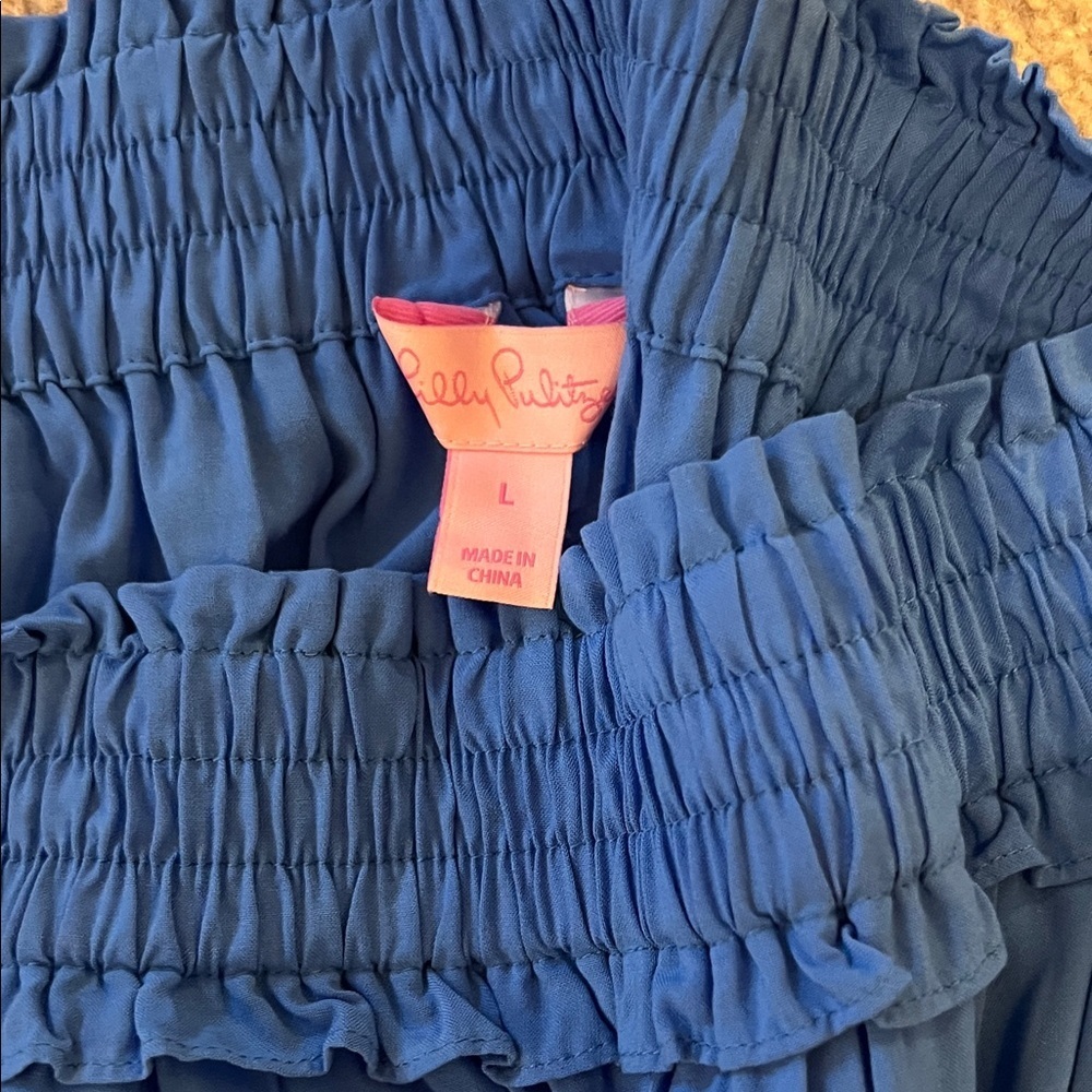 Lilly Pulitzer Blue Off-Shoulder Blouse with Coral Embroidered Arms, NWOT, L - Picture 4 of 10